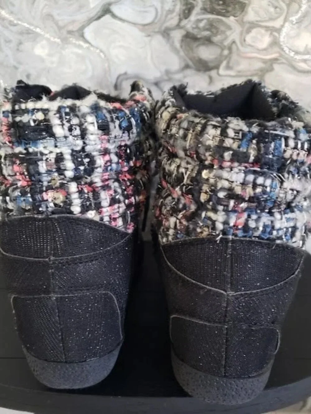 Bamboo Women's Tweed High Top Lace Up Black Wedge Sneakers Size 5.5
